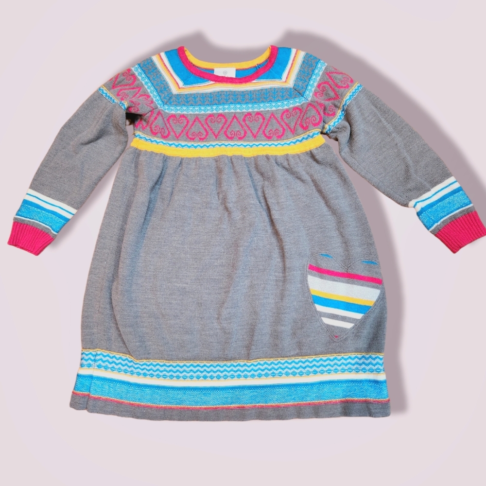 Hanna Andersson Cozy Up Wool Blend Gray Heart Sweater Dress 130 US 8 Fair Isle.